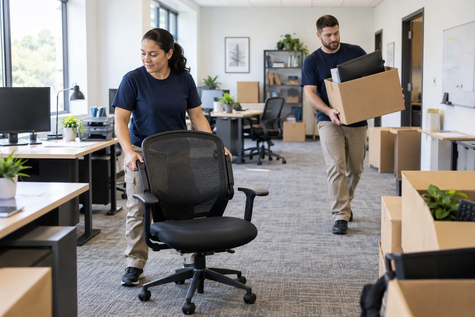Crew moving office furniture during a commercial cleanout
