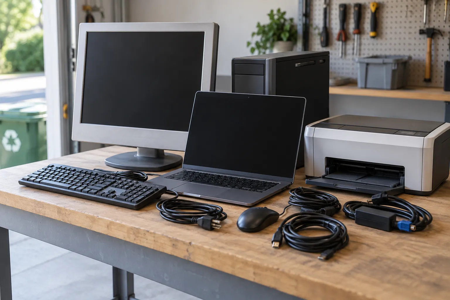 Household electronics grouped neatly on a garage workbench