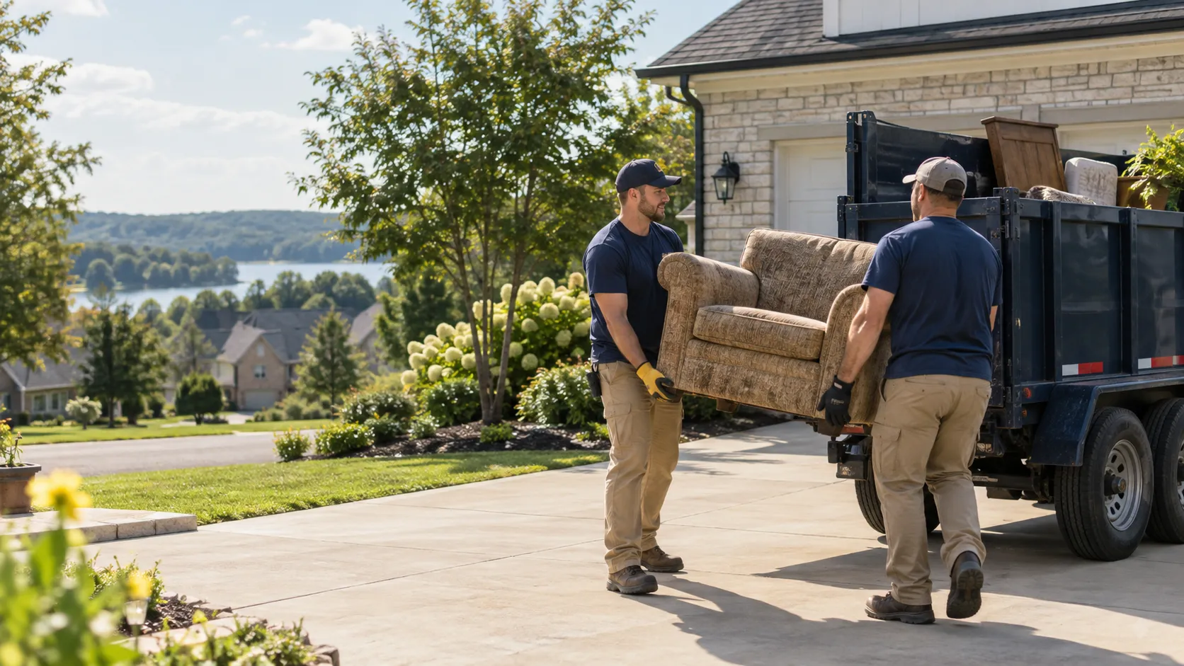Two professional haulers loading an armchair into a dump trailer