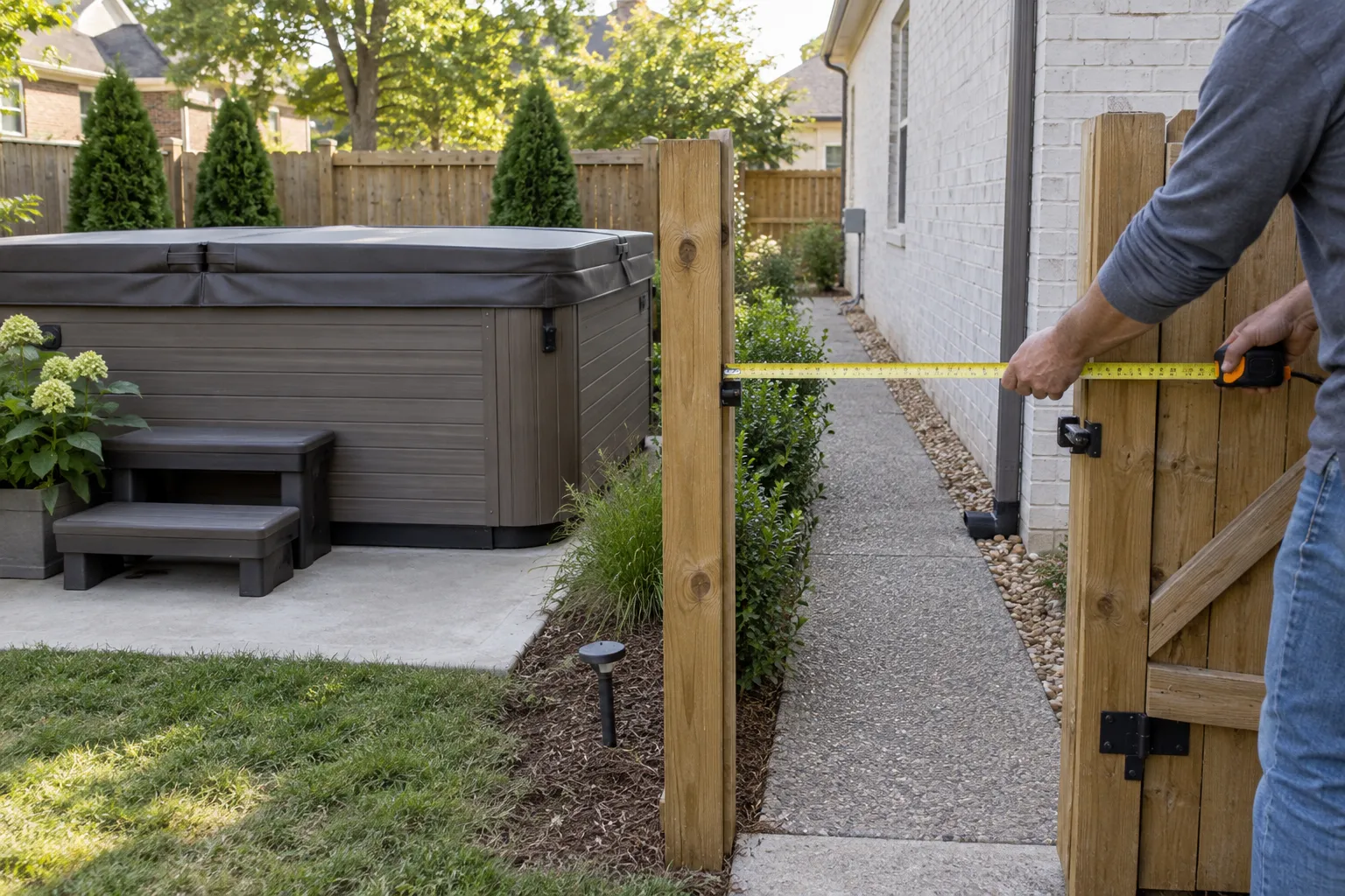A backyard gate being measured beside an intact hot tub