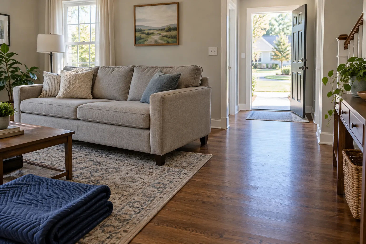 A living room with a sofa moved away from the wall and a clear path to the door