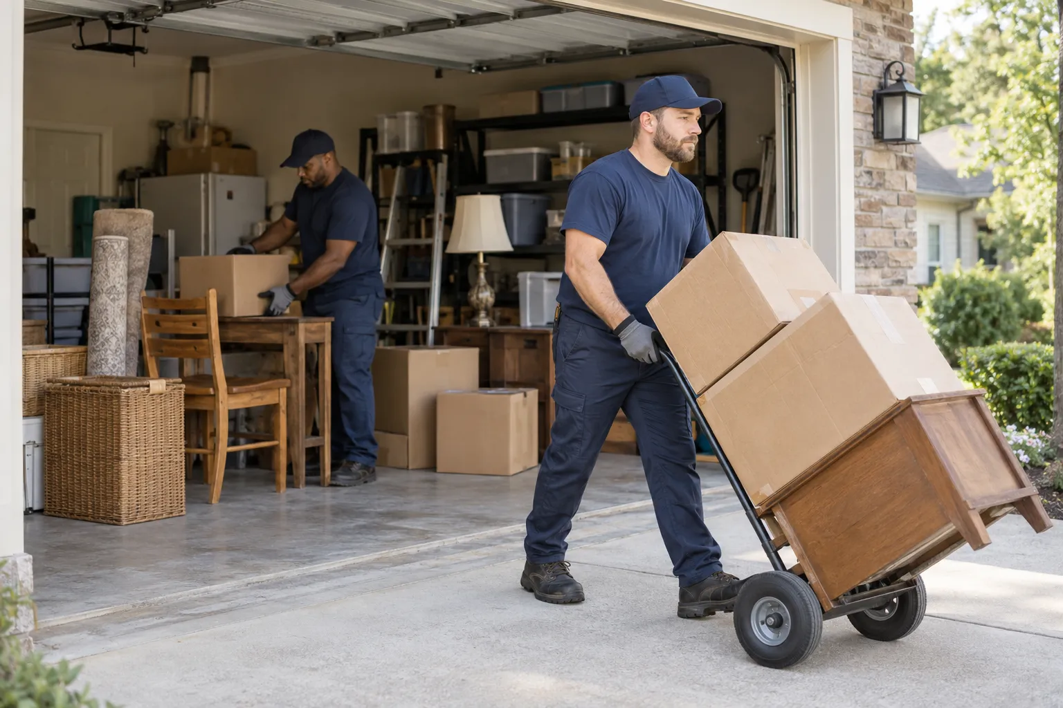 Crew organizing items during a residential garage cleanout