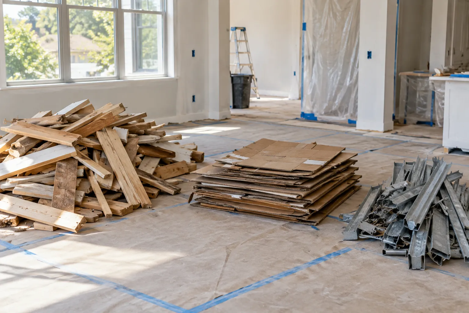 Wood, cardboard, and metal renovation material sorted into separate groups